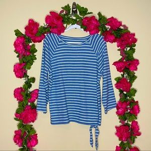 Ann Taylor Loft Pullover Blue & White Stripe 3/4 Sleeve Bottom Tie Top